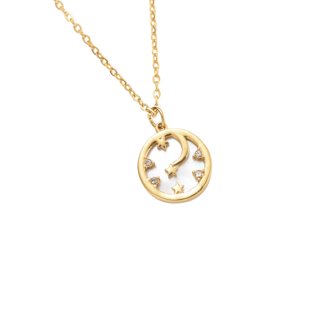 Pearly Moon Stars Circle Stainless Steel Necklace