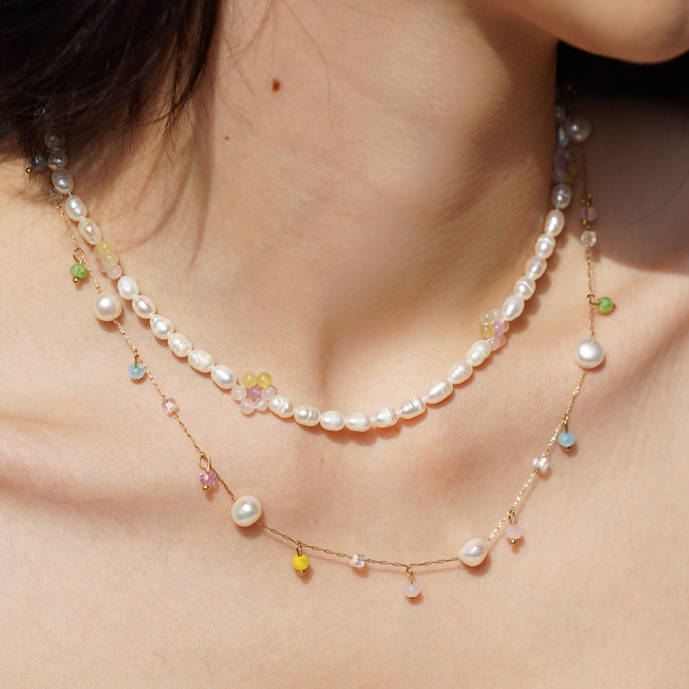 6 Beads Flowers & Pearl Edelstahl Kette