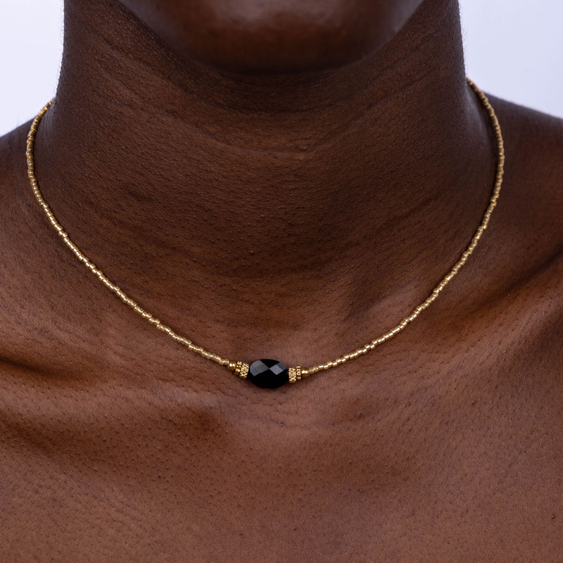 Big Black Bead Stainless Steel Necklace