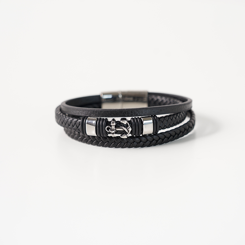 3-Layers Anchor Stainless Steel  Leather Bracelet for Men