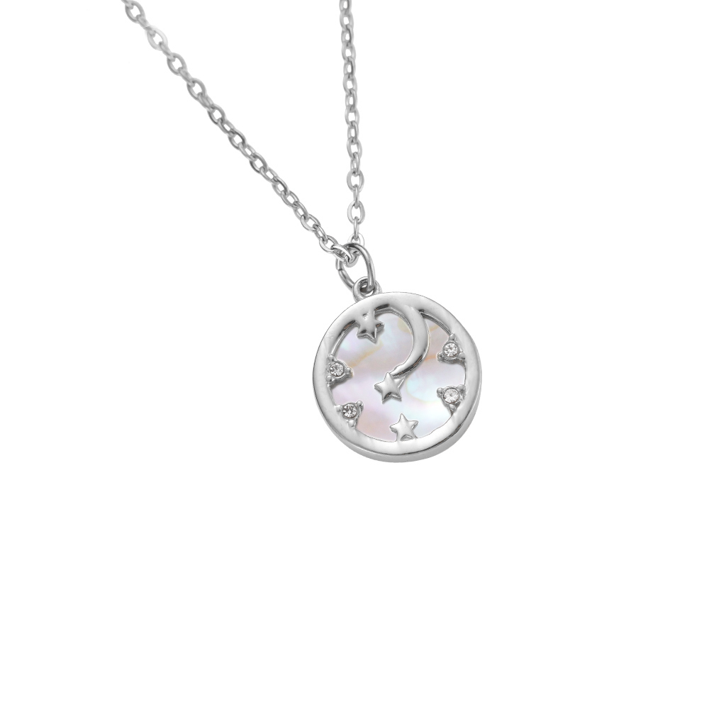 Pearly Moon Stars Circle Stainless Steel Necklace