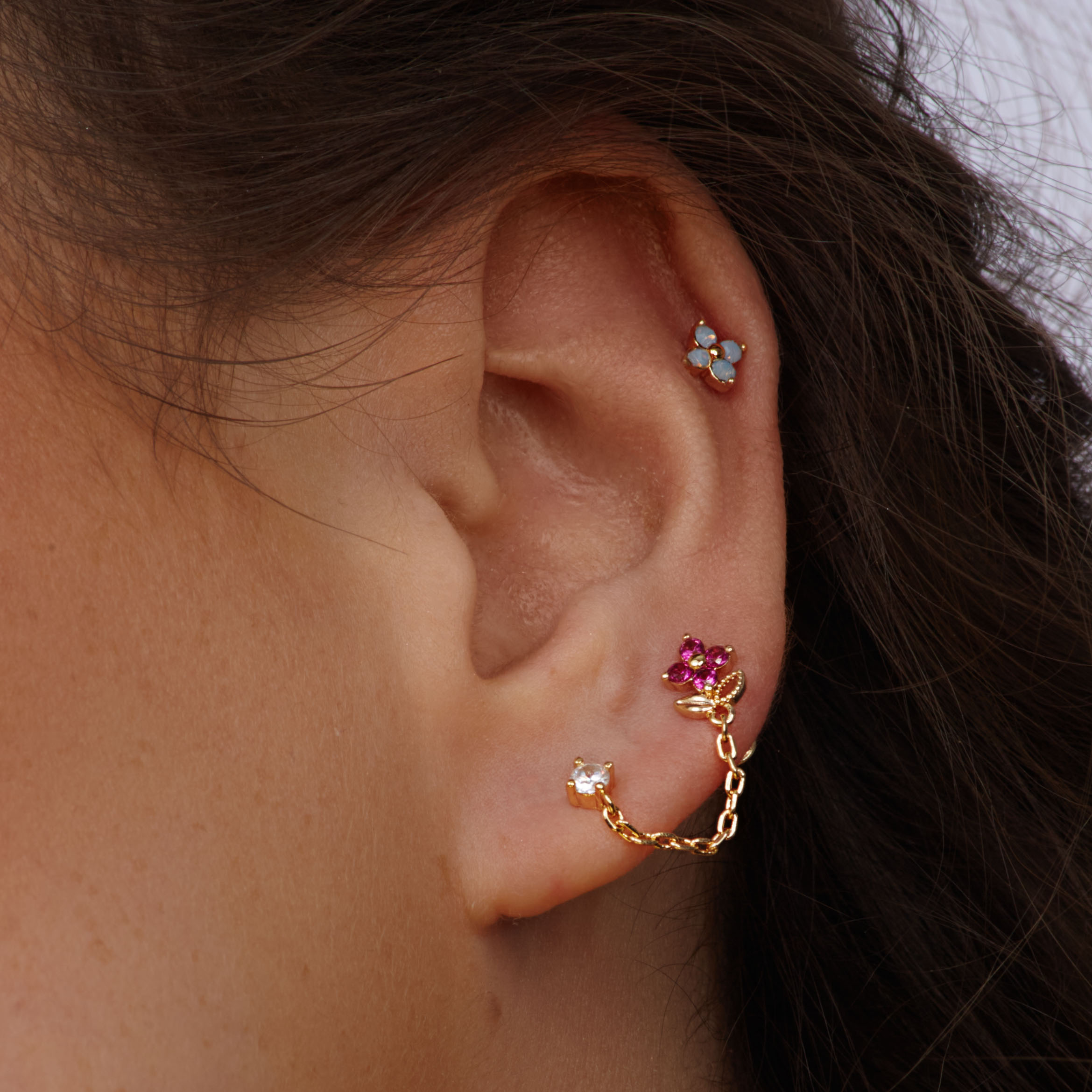 Pink Flower Chain Gold Plated Earring