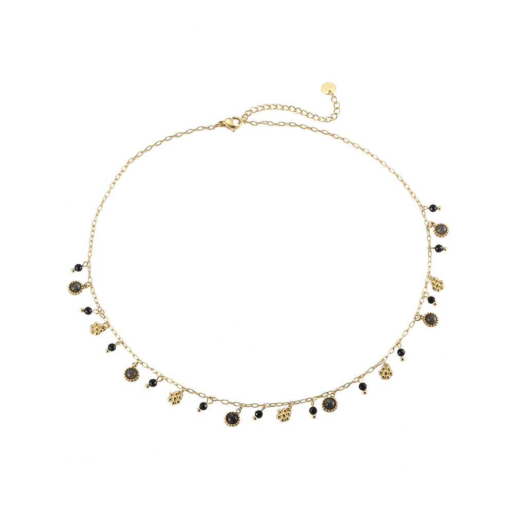 Black Stones & Golden Pendants Stainless Steel Necklace