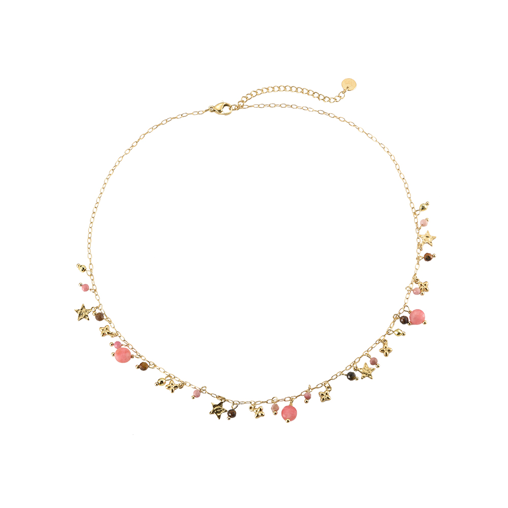 Pink Stones & Golden Pendants Stainless Steel Necklace