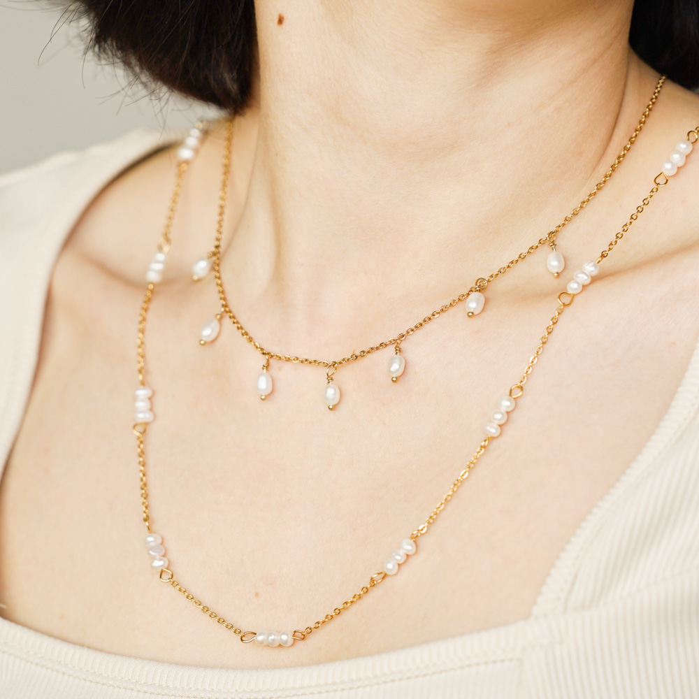 Triple Pearls Long Chain Stainless Steel Necklace