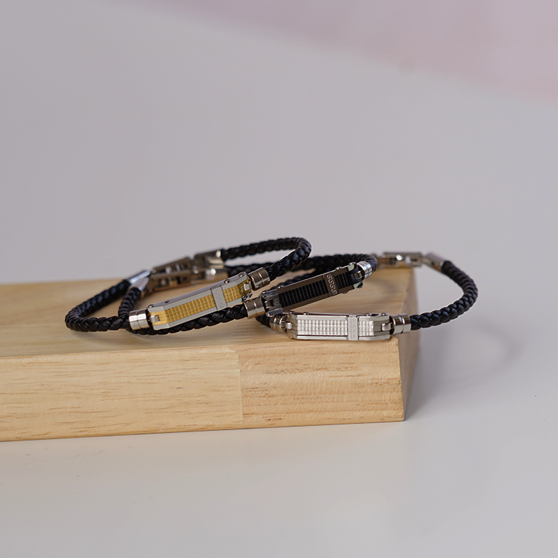 Rectangle  Stainless Steel Leather Bracelet for Men
