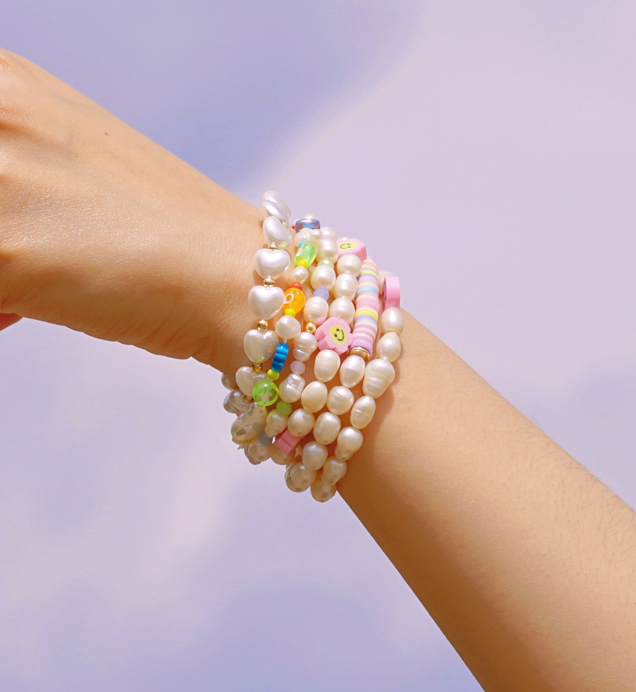 Pink Flower Smiley Pearl Armband