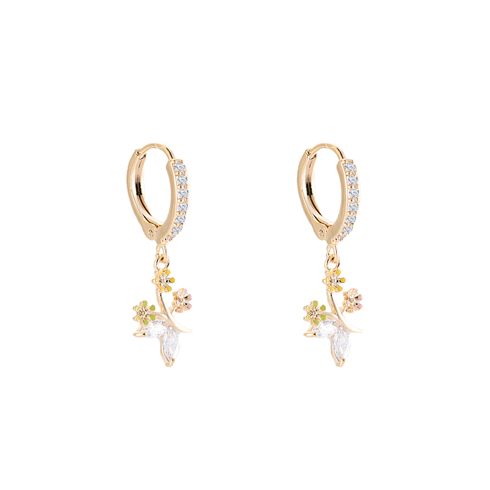 Enamel Flower Diamond Leaf Plated Earrings
