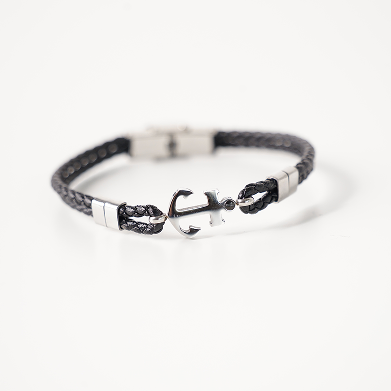 Flat Anchor Stainless Steel  Leather Bracelet for Men