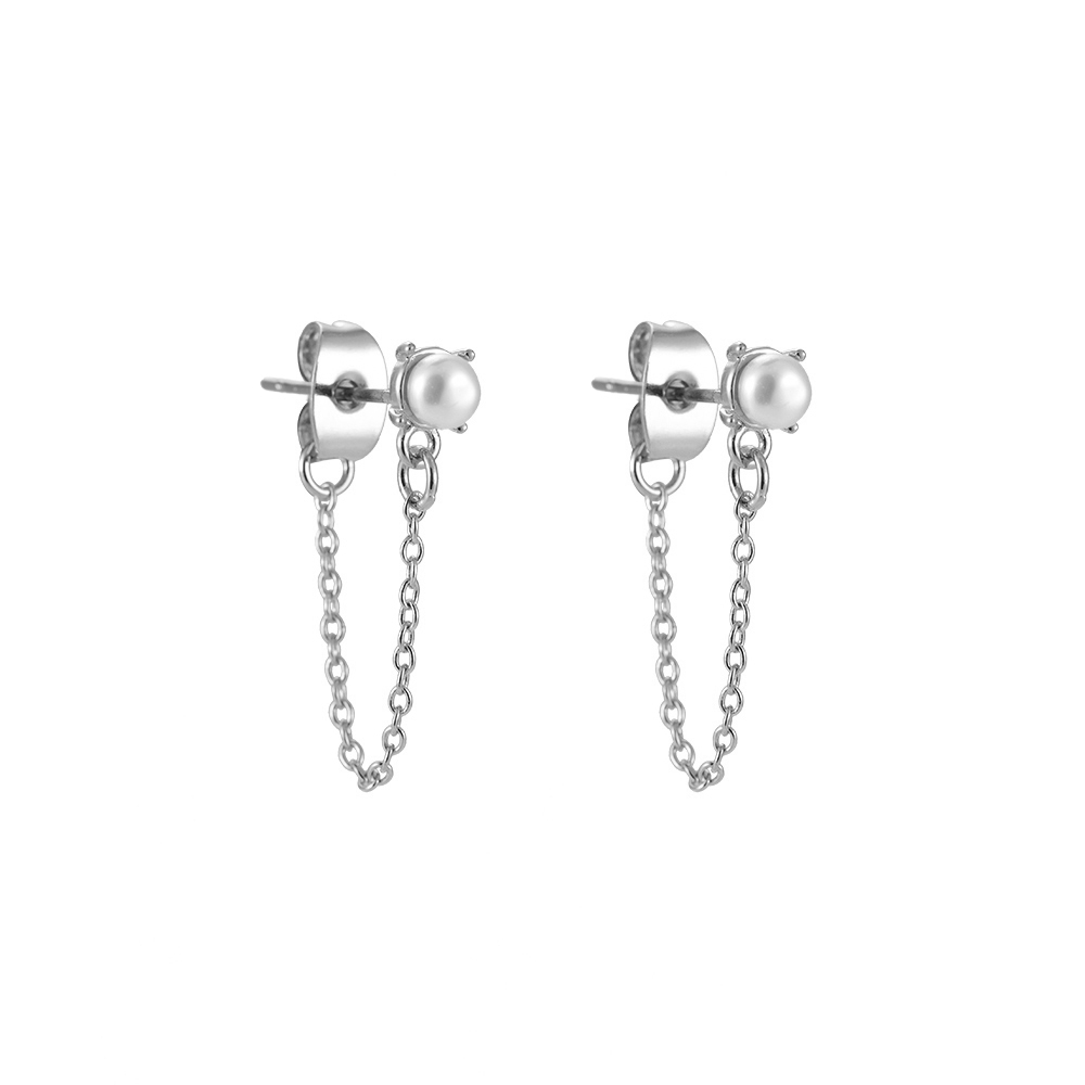 Small Pearl with Chain Stainless Steel Earrings