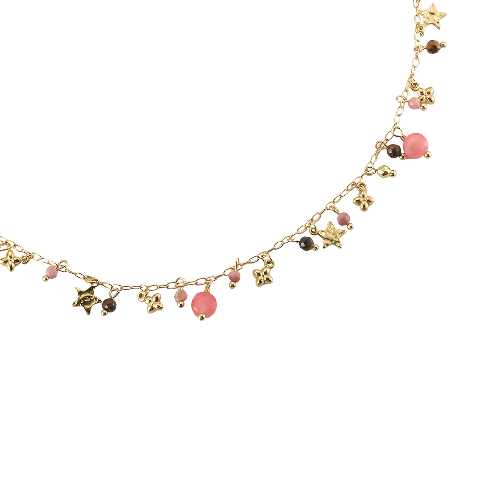 Pink Stones & Golden Pendants Stainless Steel Necklace