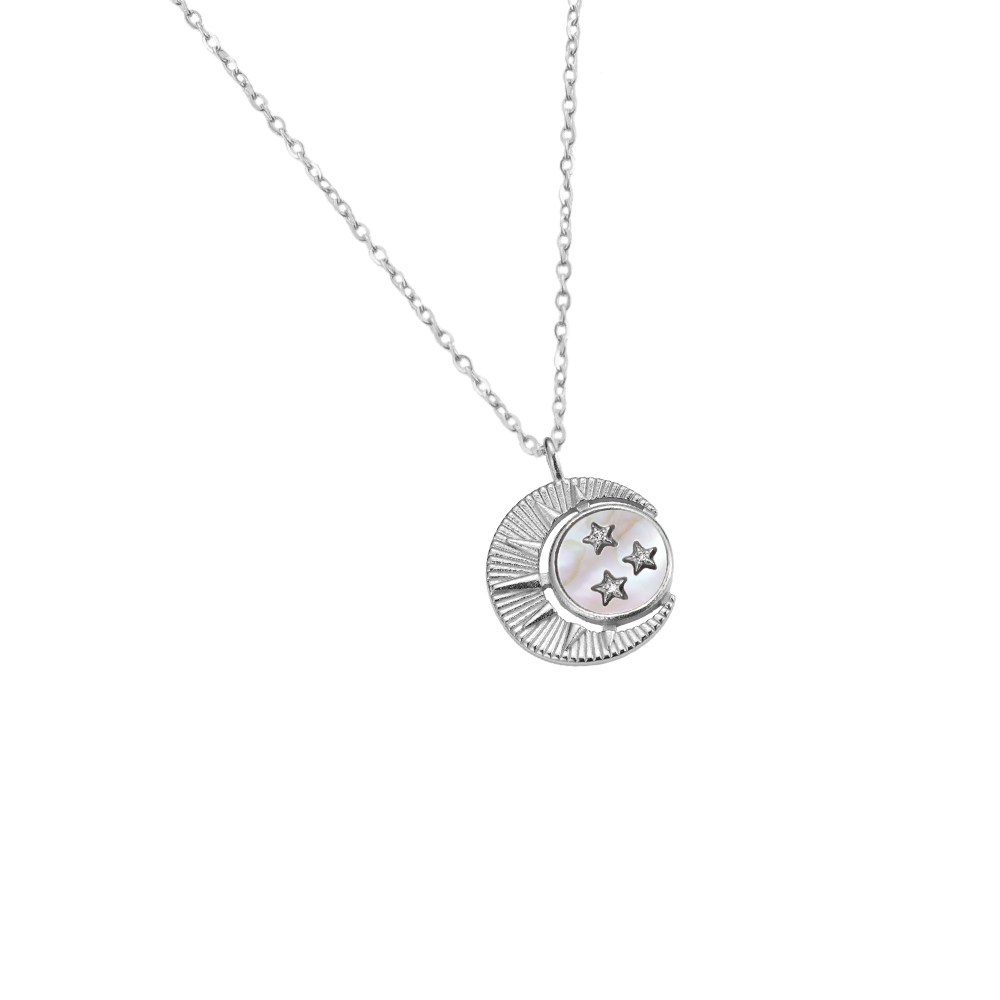 Pearly Big Moon with Stars Stainless Steel Necklace