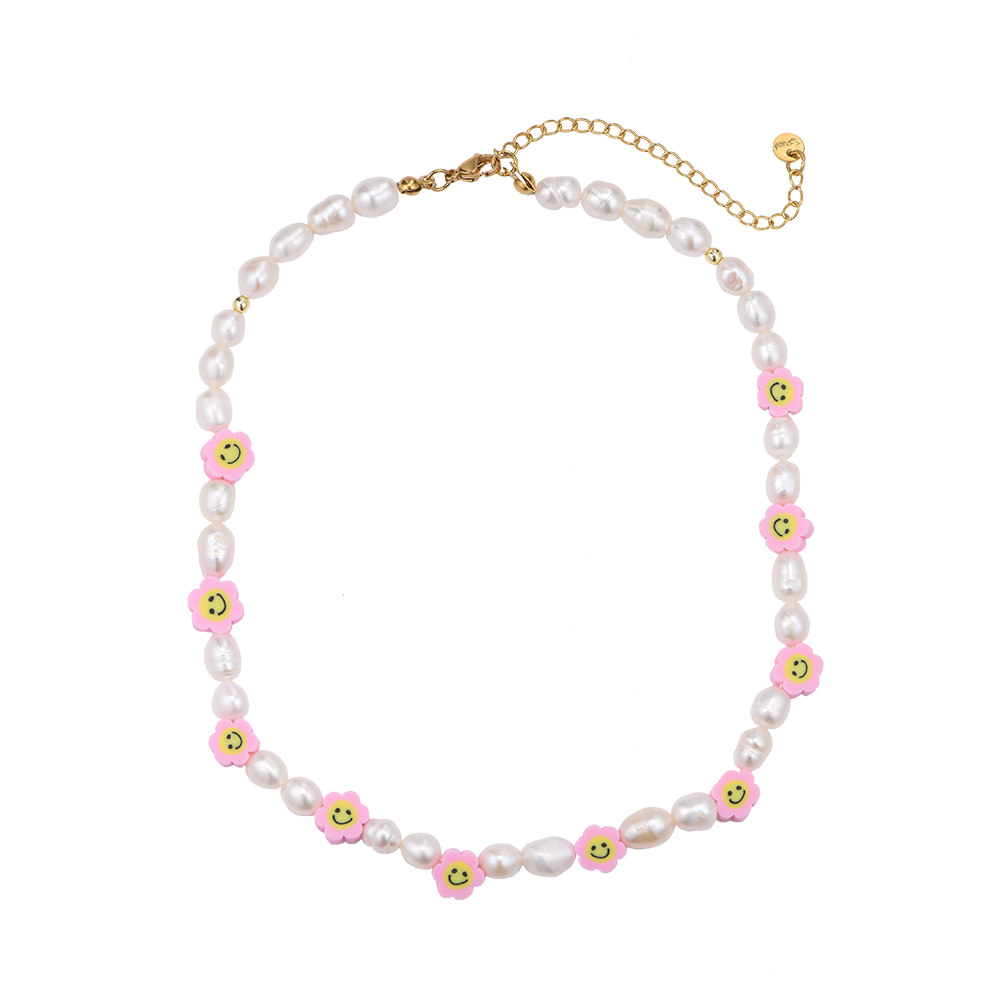 Pink Flower Smiley Pearl Necklace