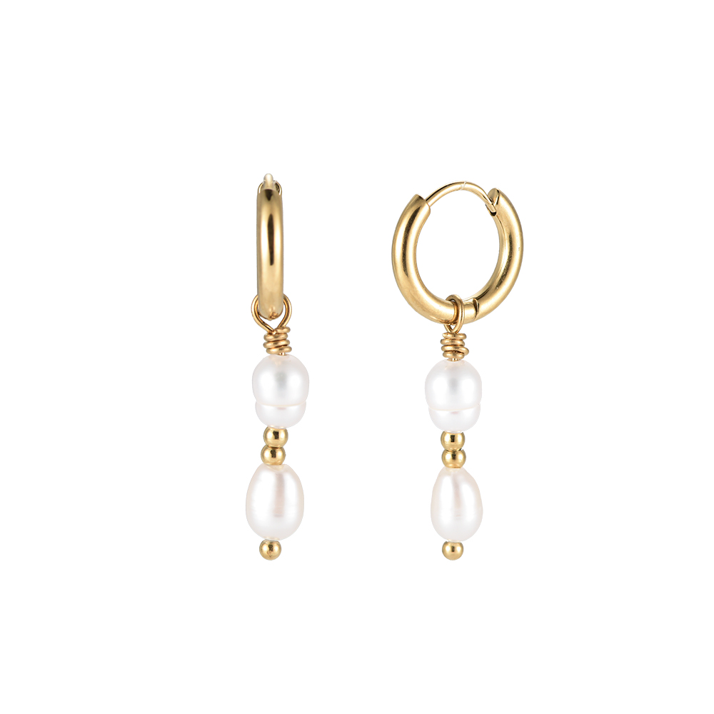Double Pearls with Golden Balls Stainless Steel Earrings