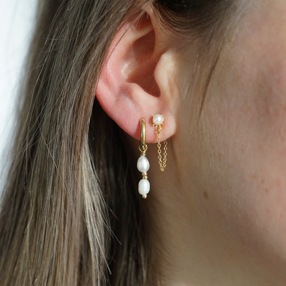 Double Pearls with Golden Balls Stainless Steel Earrings