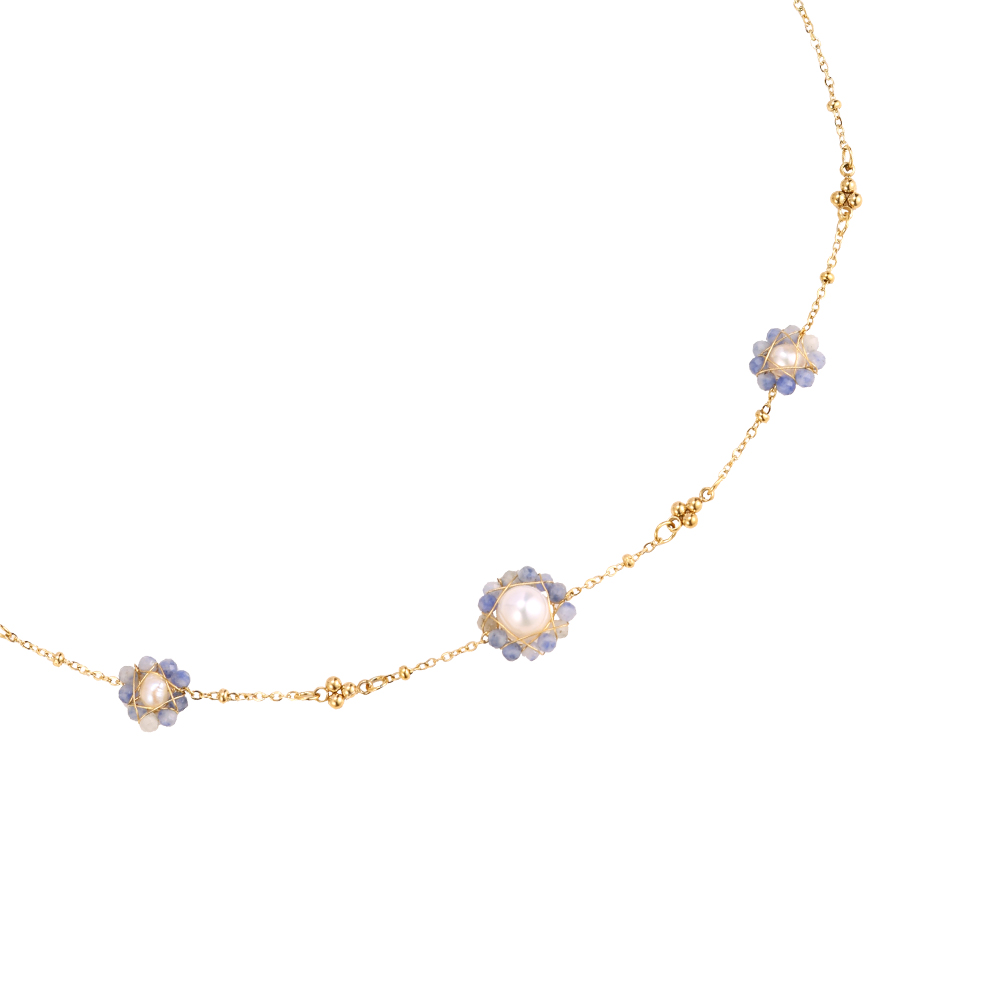 Pearl Blue Flower Edelstahl Halskette