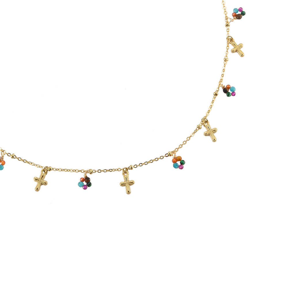 Colorful Stones & Golden Cross Stainless Steel Necklace
