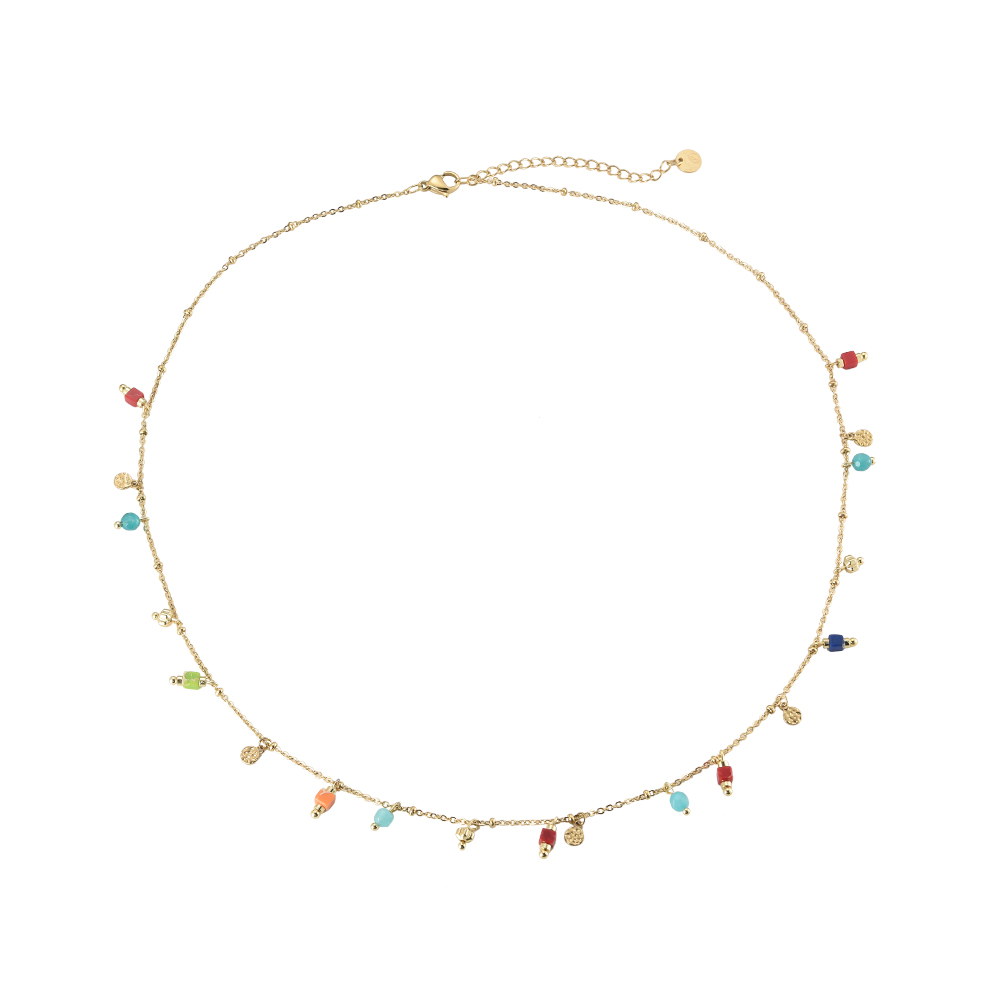 Colorful Stones & Golden Plates Stainless Steel Necklace