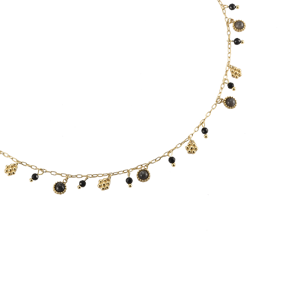 Black Stones & Golden Pendants Stainless Steel Necklace