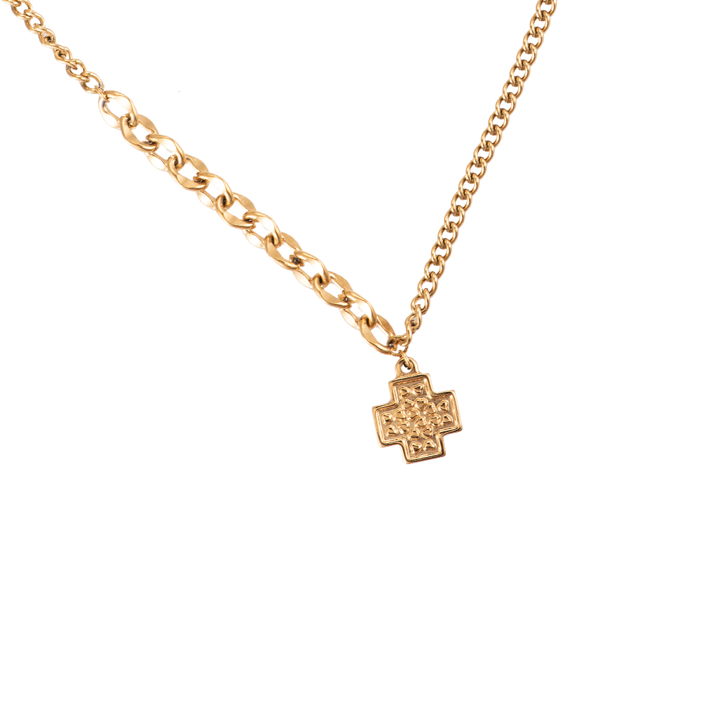 Cross with Heart Print Stainless Steel Necklace