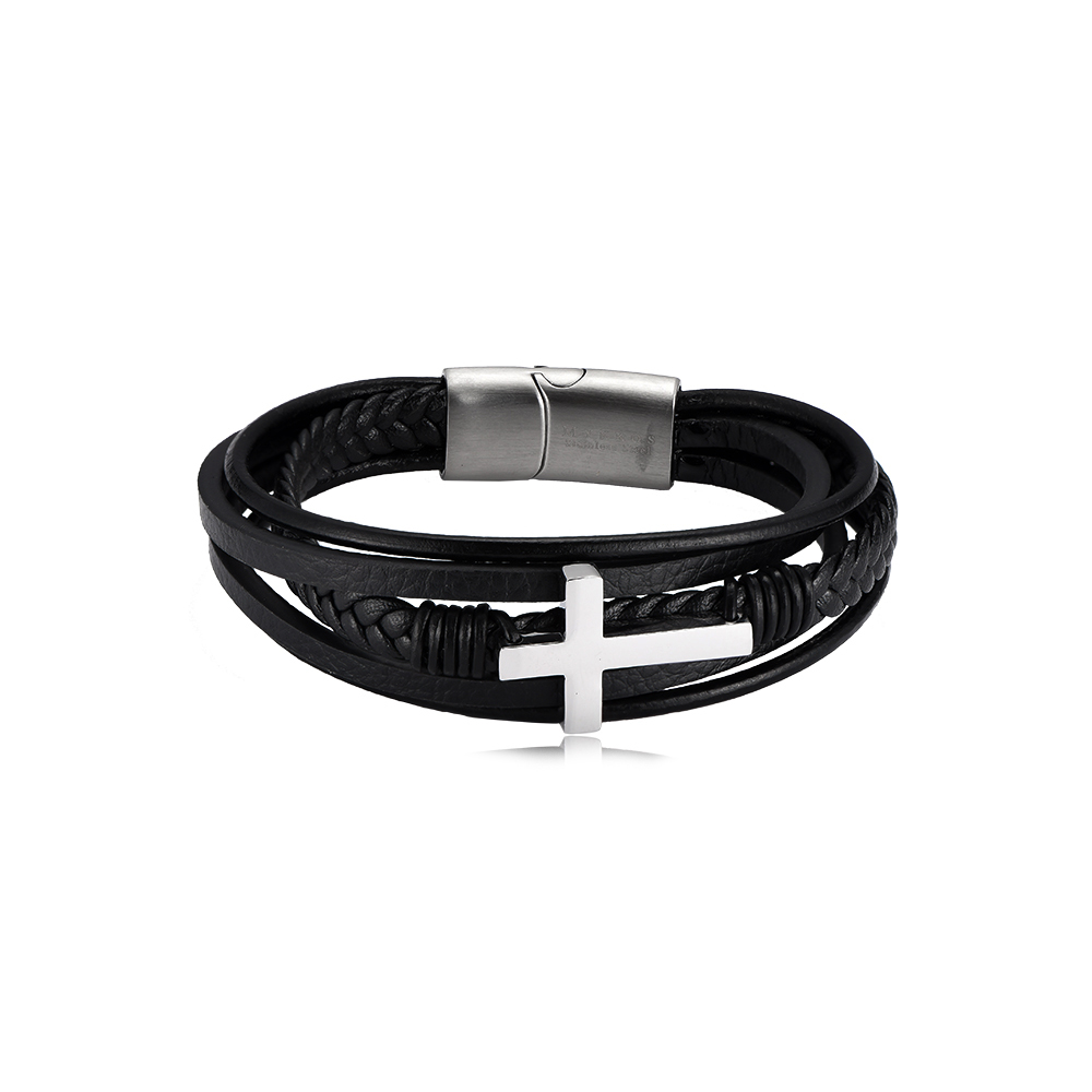 Christian Cross Multi-Layered Stainless Steel Leather Bracelet