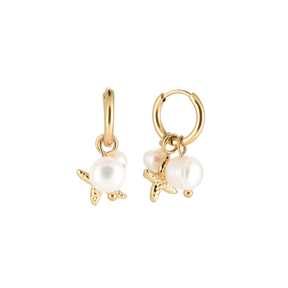 Gold Star & 2 Pearls Stainless Steel Earrings